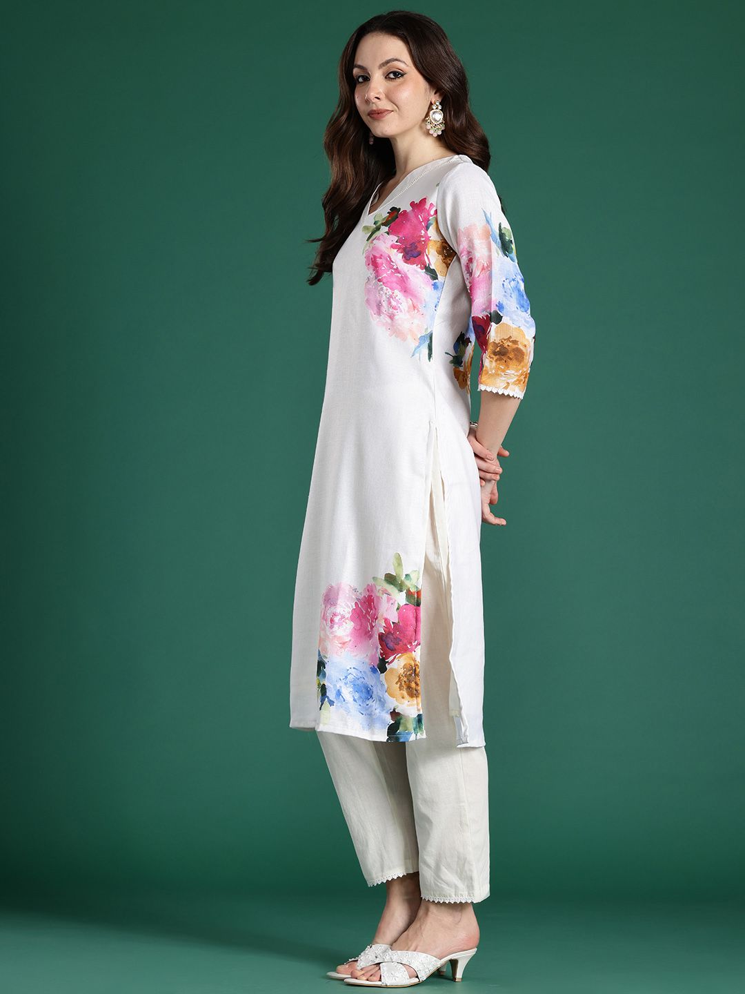 Indo Era Floral Printed Beads and Stones Linen Kurta with Trousers & With Dupatta