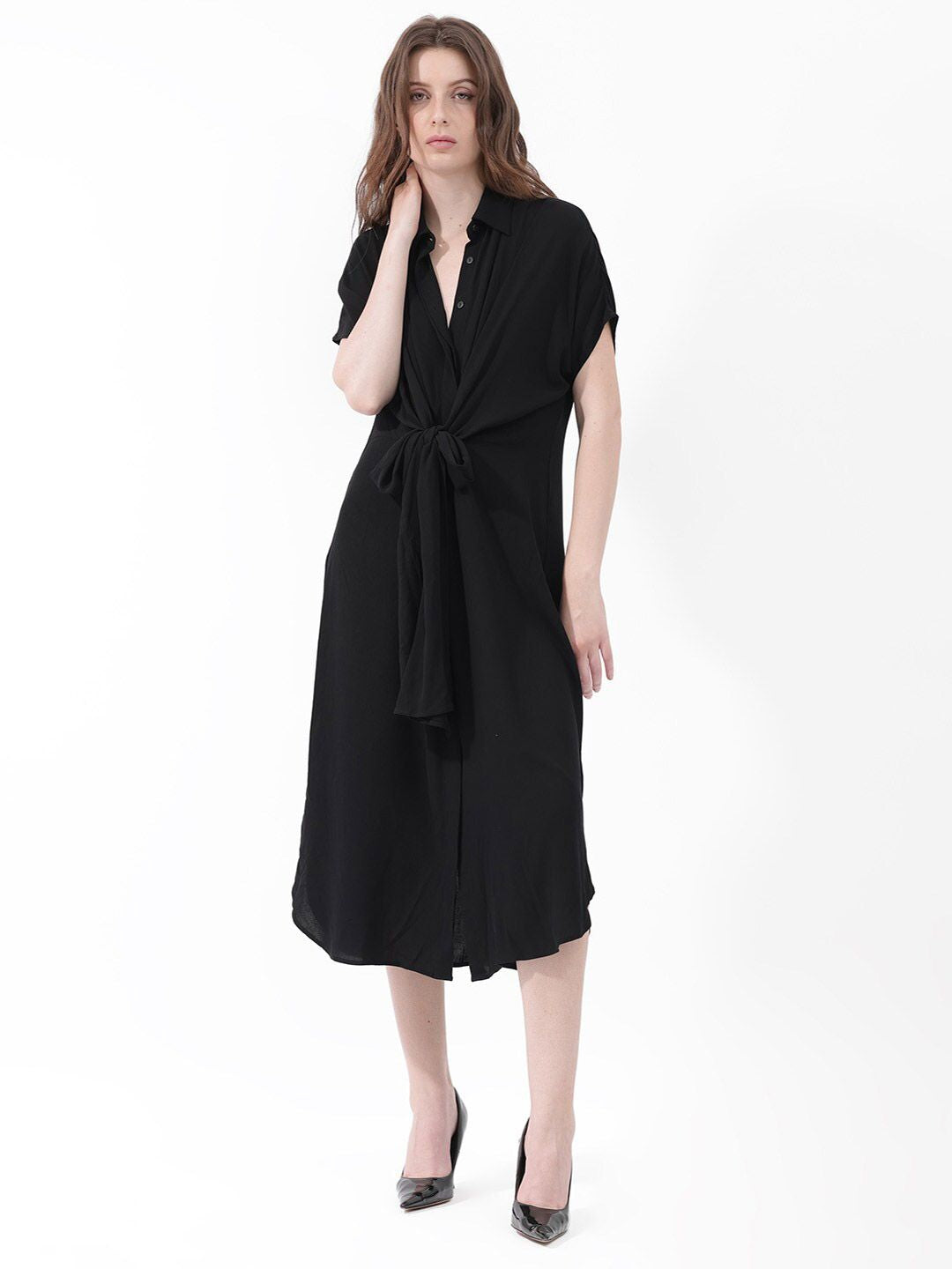 RAREISM Extended Sleeves Tie-Ups Detail Shirt Midi Dress