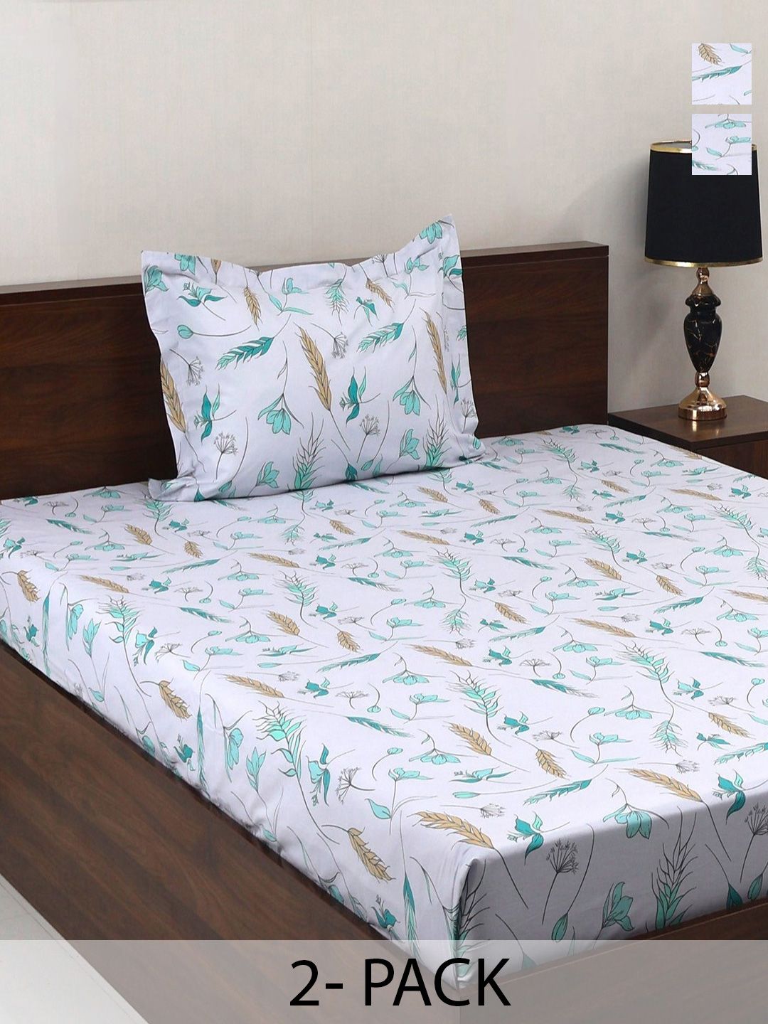 BOMBAY DYEING Vintage Turquoise blue Printed Cotton 180 TC  Bedsheet Set 1.52 m X 2.28 m