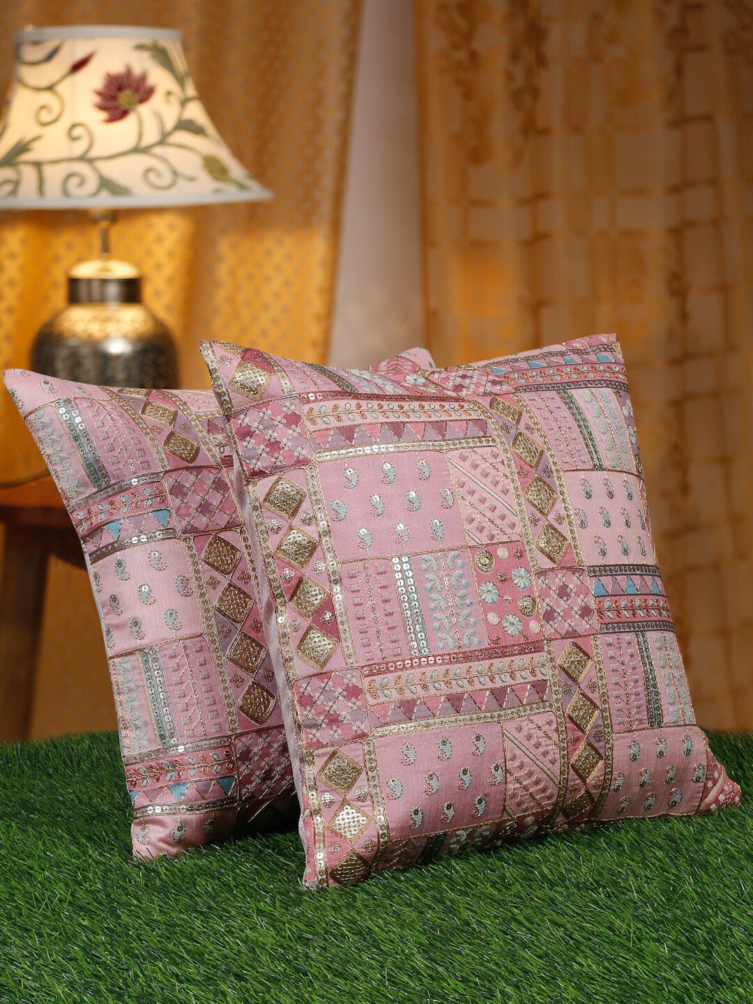 HOSTA HOMES Pink & Blue 2 Pieces Embellished Square Cushion Covers