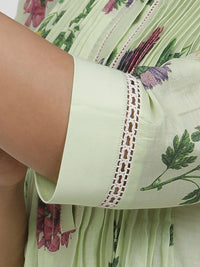 W Round Neck Floral Printed Pleated Cotton A-Line Kurta