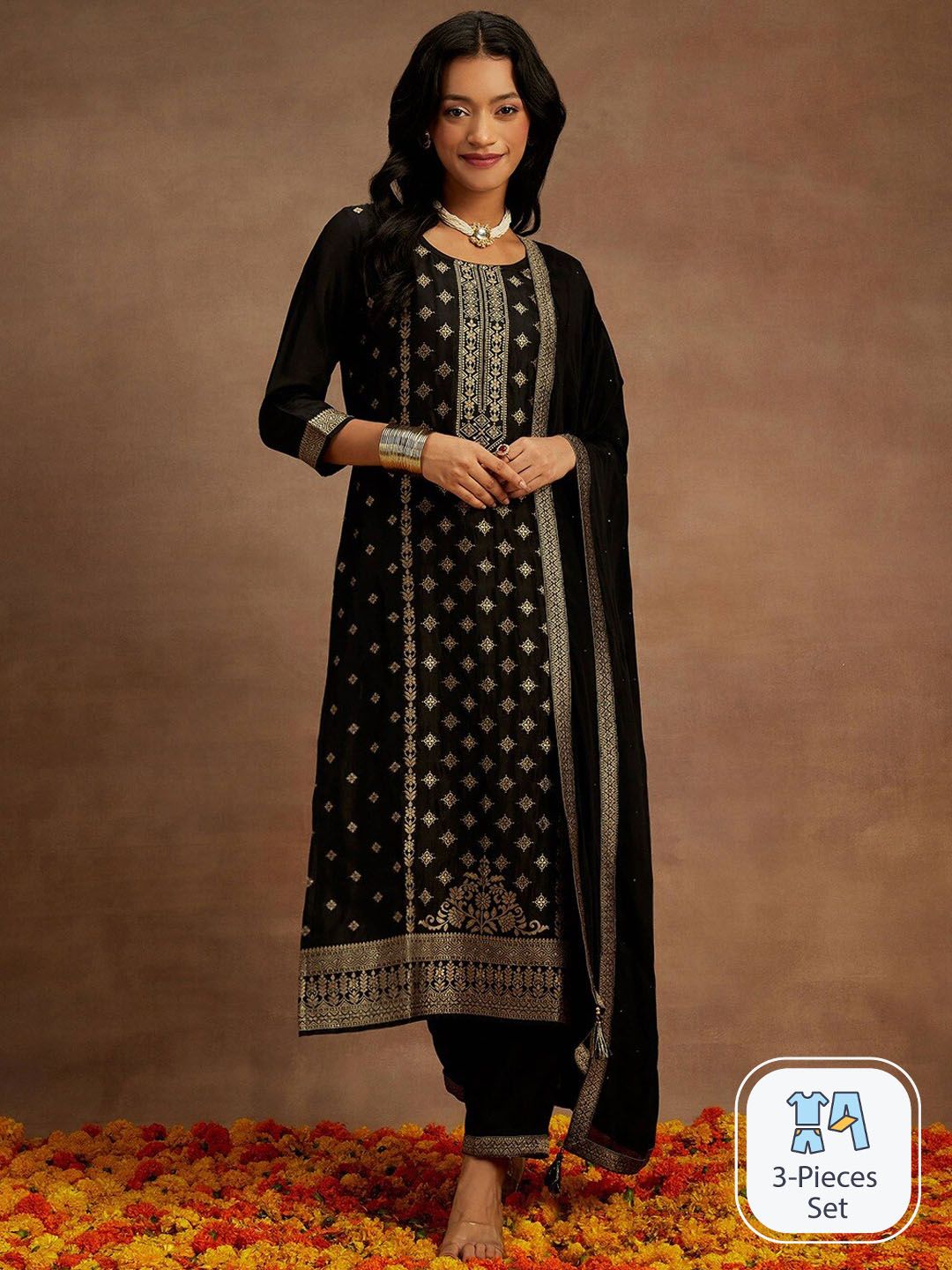 Libas Black Ethnic Motifs Woven Design Kurta with Trousers & With Dupatta
