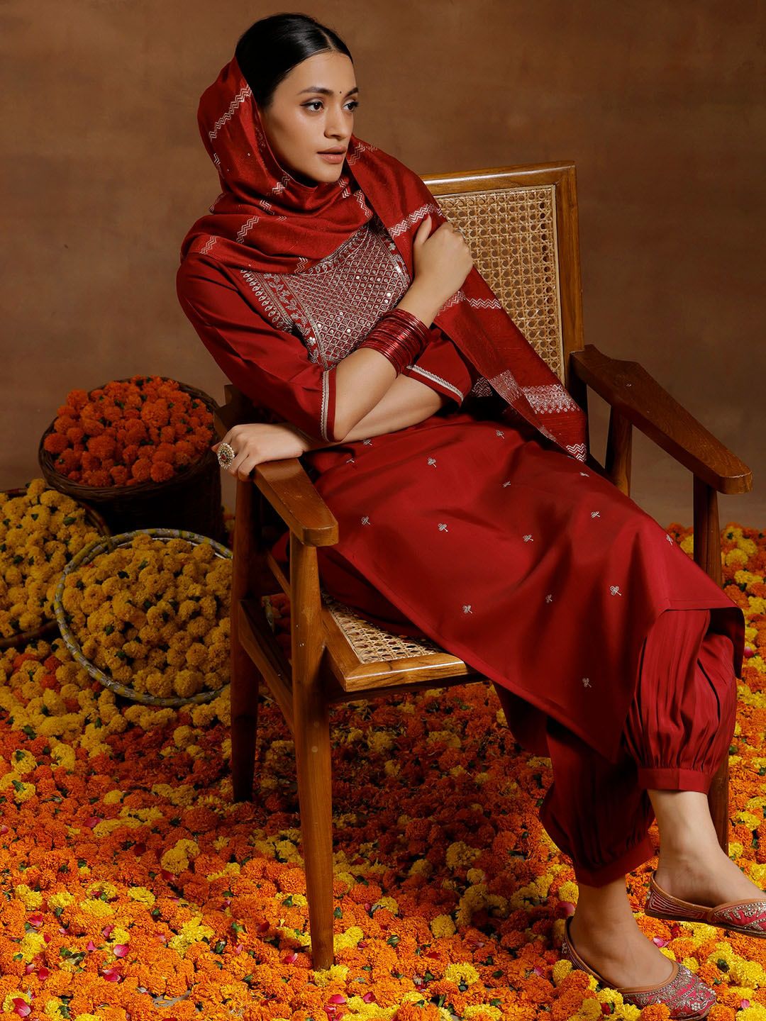 Libas Floral Embroidered Regular Sequinned Kurta With Salwar & Dupatta