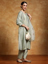 Varanga Floral Yoke Design Sequinned Straight Kurta With Trousers And Dupatta