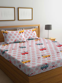 KLOTTHE White Conversational Polycotton 300 TC Fitted King Fine Bedsheet dengan 2 Sarung Bantal-98 x 89 inci