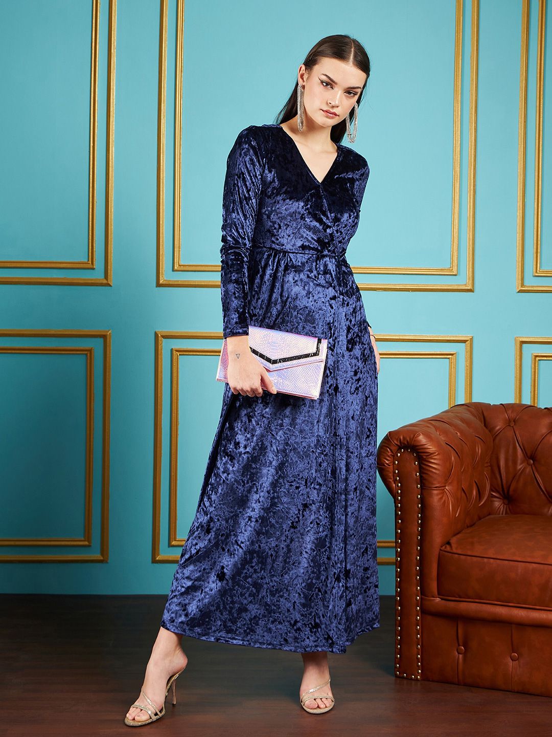 SASSAFRAS Navy Blue Abstract Printed V-Neck Velvet Maxi Party Dress
