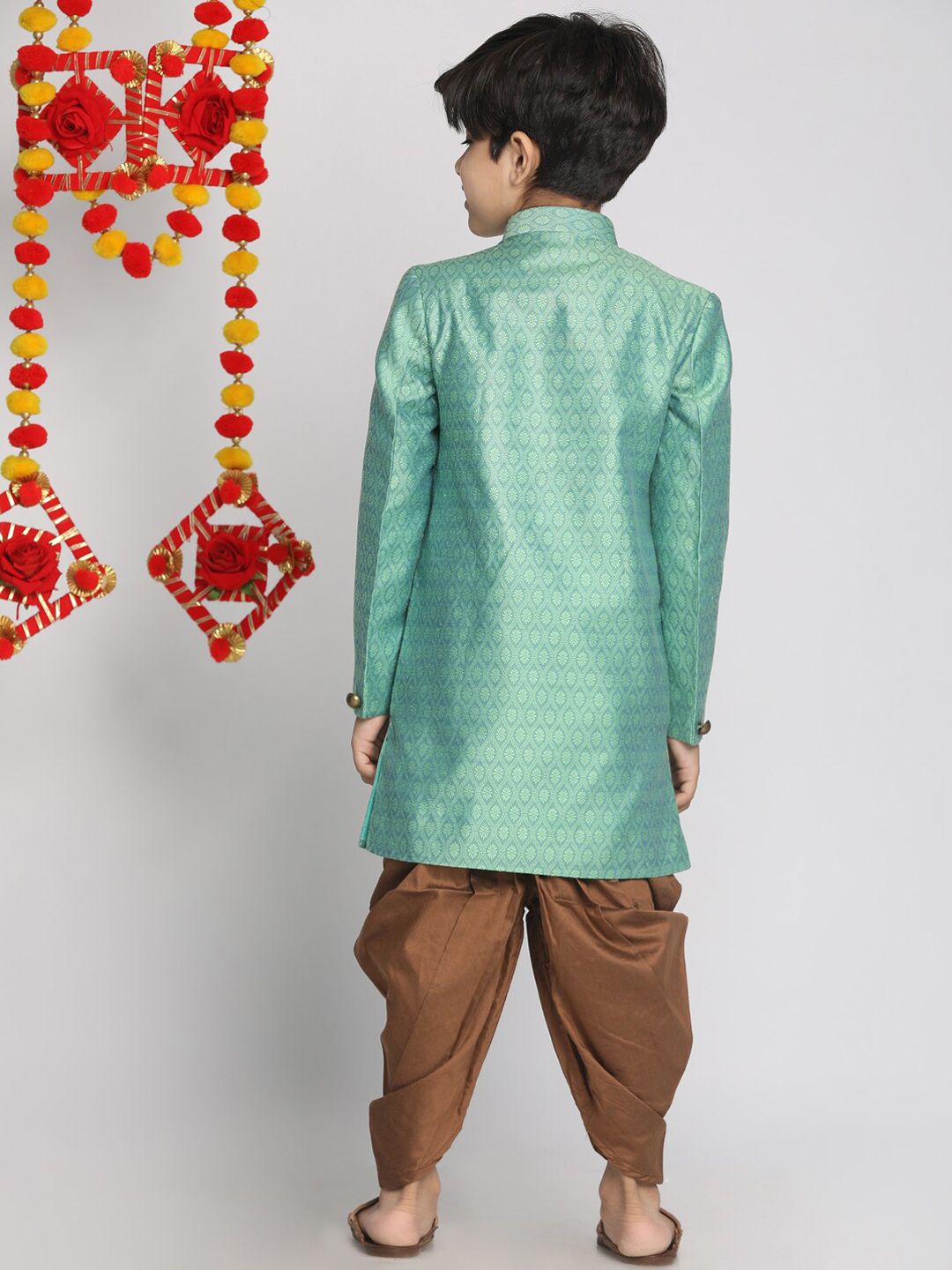 Vastramay Boys 'Green and Coffee Brown Indowestern Sherwani dan Cowl Dhoti Pant Set