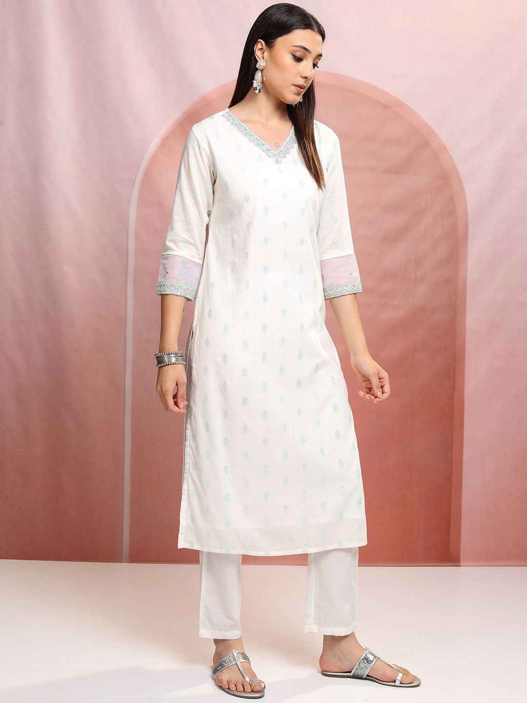 Vishudh White Ethnic Motifs Printed Pure Cotton Straight Kurta & Trousers With Dupatta