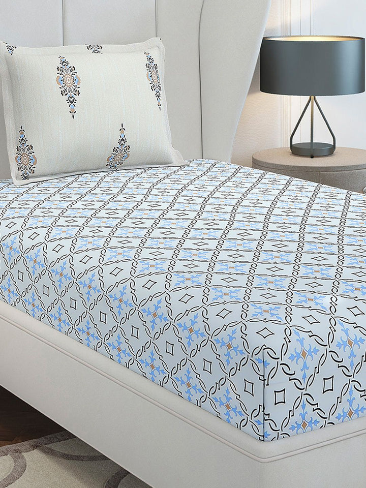 Monte Carlo Grey & White Printed Cotton 144 TC Single Bedsheet Set 2.29 m x 1.52 m