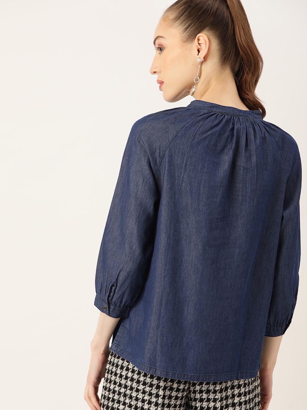 DressBerry Navy Blue Solid Tie-Up Neck Chambray Pure Cotton Top