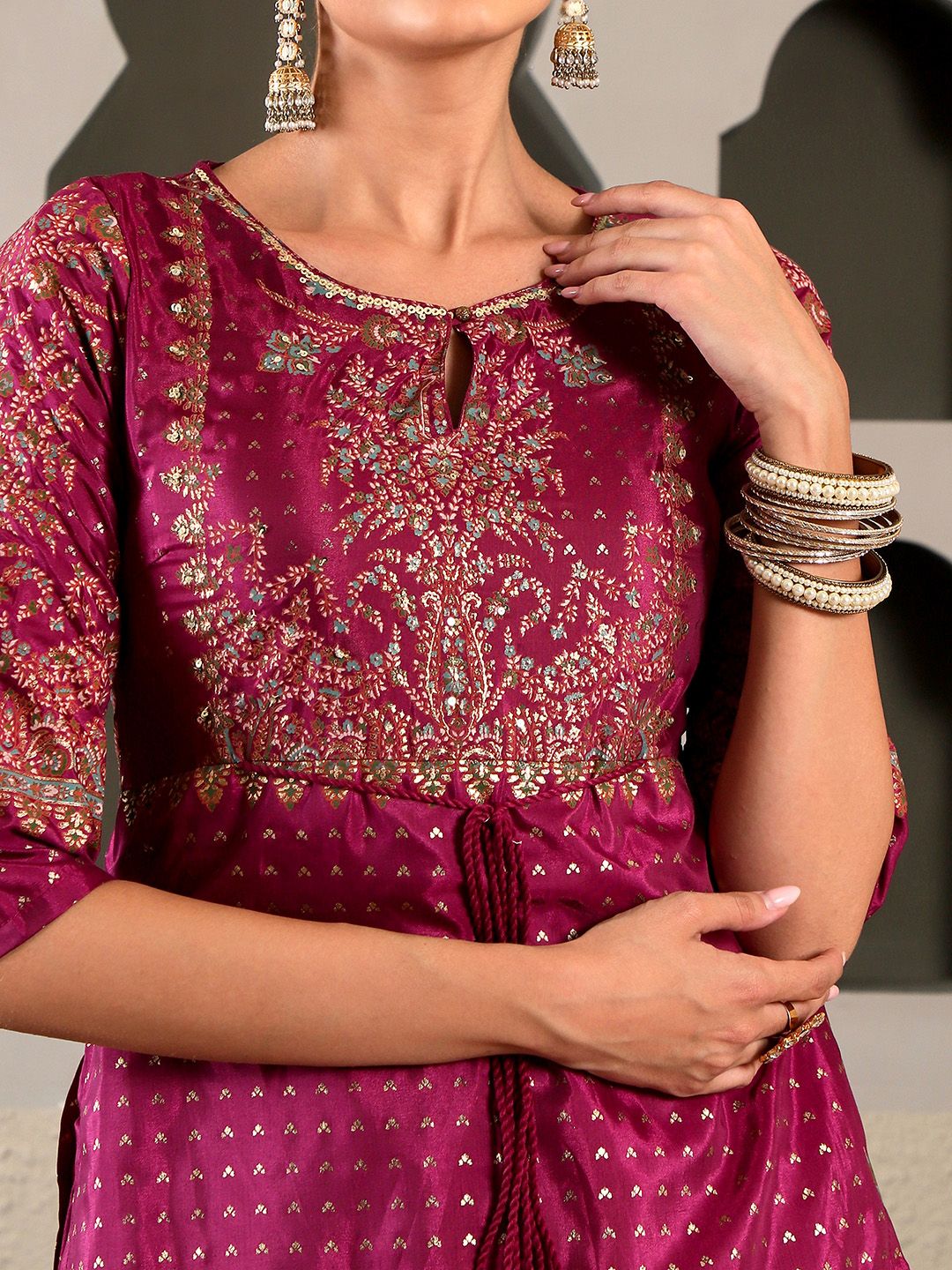 W Maroon & Gold-Toned Ethnic Motifs Ethnic Maxi Maxi Dress