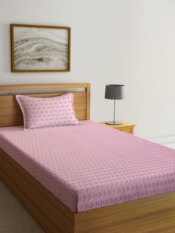 KLOTTHE Pink & White Printed 300 TC Single Bedsheet & 1 Pillow Cover