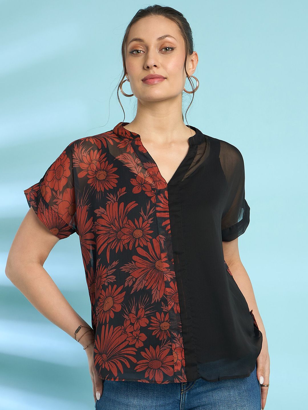Antheaa Floral Print Mandarin Collar Chiffon Shirt Style Top