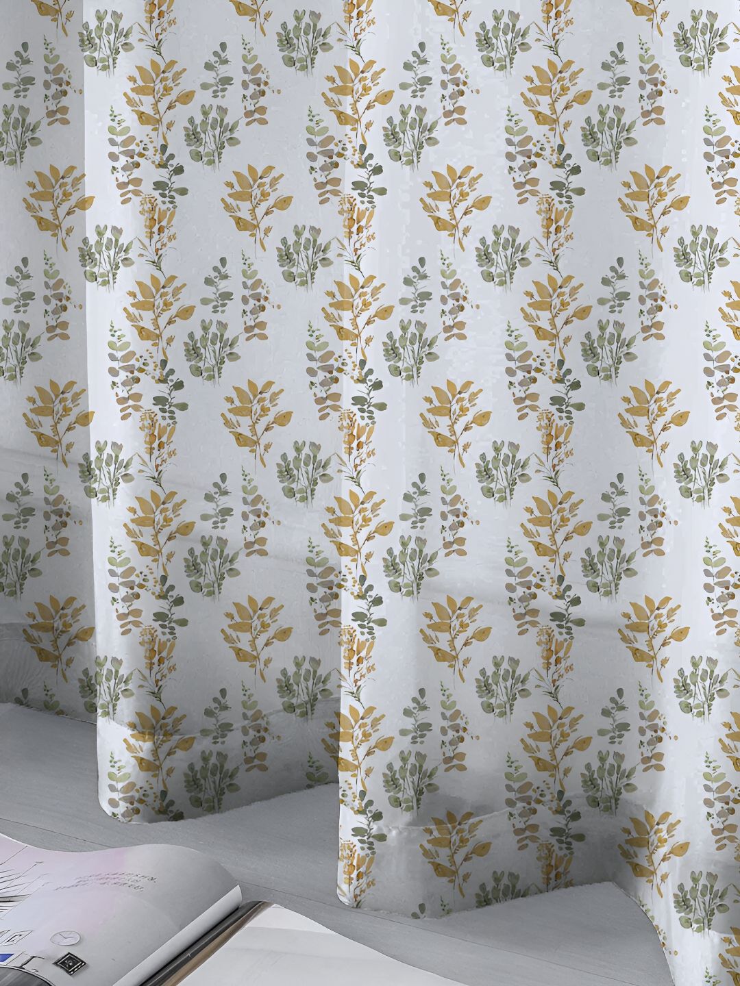 URBAN SPACE White & Yellow 2 Pieces Floral Printed Sheer Long Door Curtains