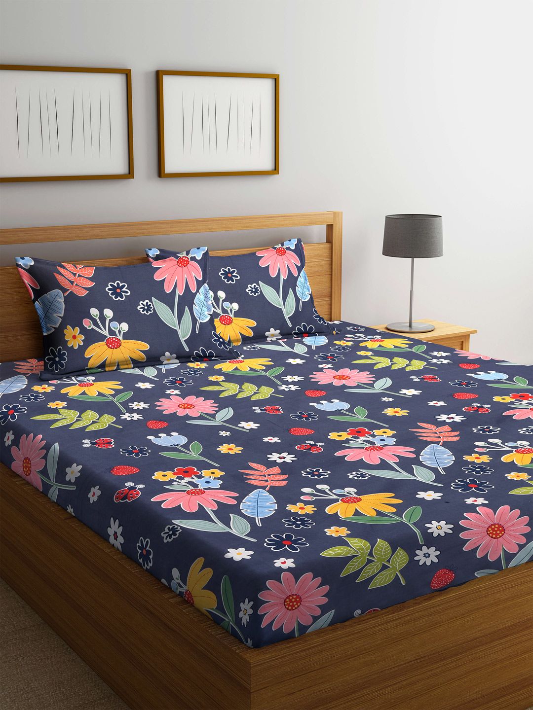 Myntra Elegant Homes Grey Floral Cotton 300 TC Fitted King Bedsheet with 2 Pillow Covers-98 x 87 inches