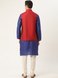 SOJANYA Men Blue & Off-White Jacquard Woven Design Kurta with Churidar & Nehru Jacket