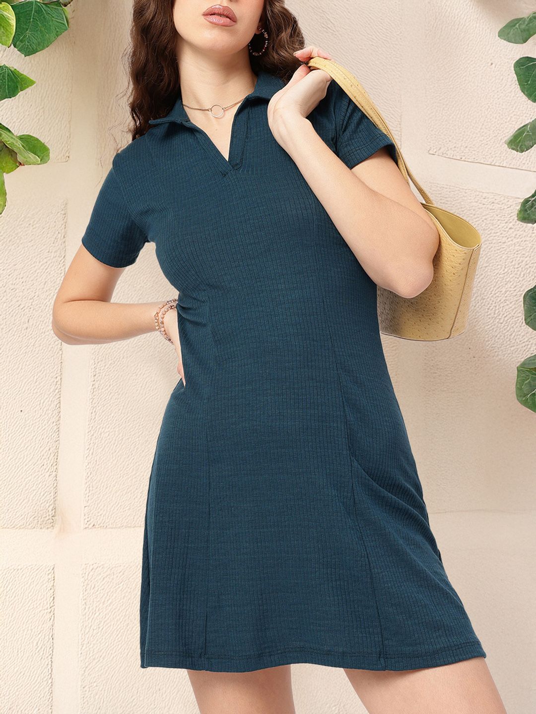 DressBerry Rib Knit Polo A-Line Mini Dress