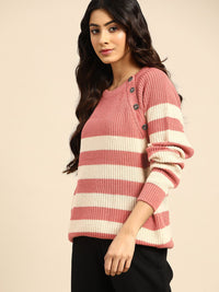 all about you Women Pink & Cream-Coloured Striped Button Detail Pullover