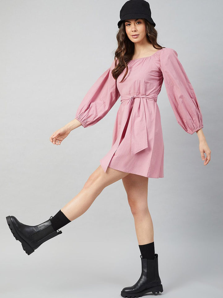 Athena Women Mauve Solid Cotton A-Line Dress