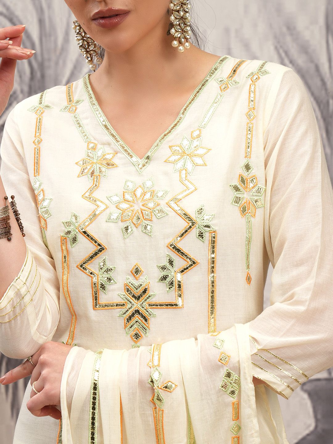 Vishudh Cream Ethnic Motifs Sequinned Pure Cotton Straight Kurta With Sharara & Dupatta
