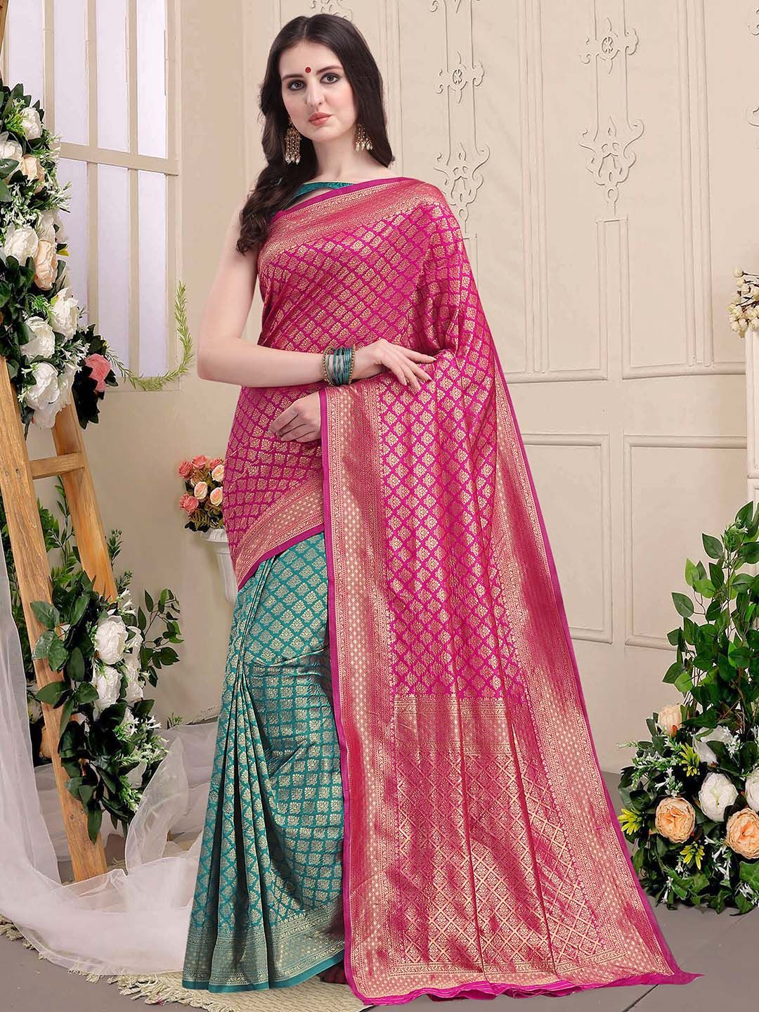 KALINI Green & Pink Ethnic Motifs Zari Silk Blend Half and Half Kanjeevaram Saree