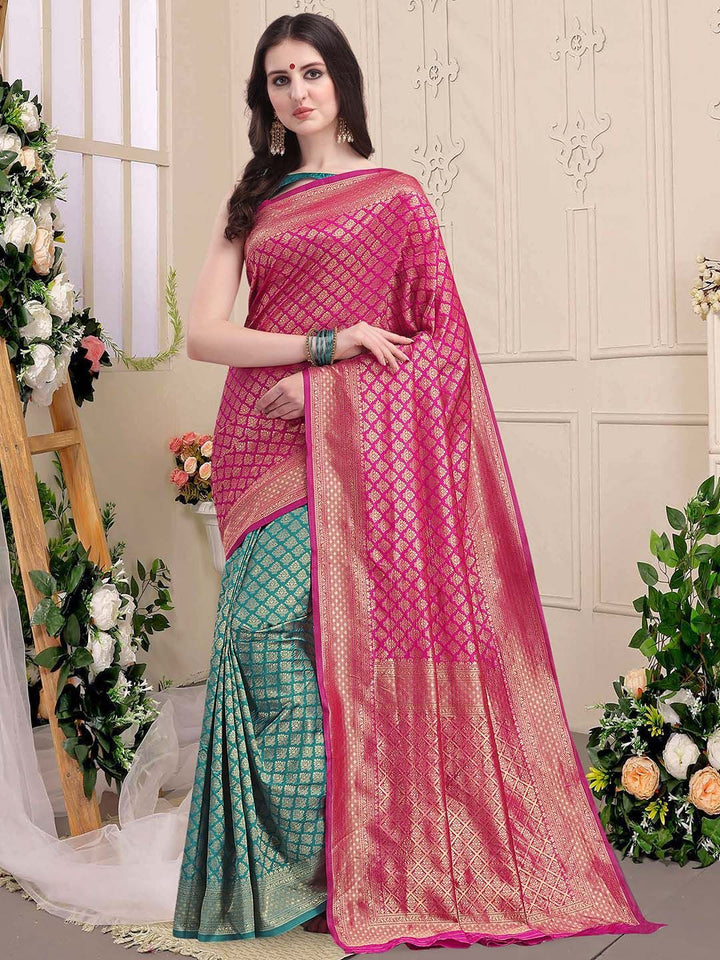 KALINI Green & Pink Ethnic Motifs Zari Silk Blend Half and Half Kanjeevaram Saree