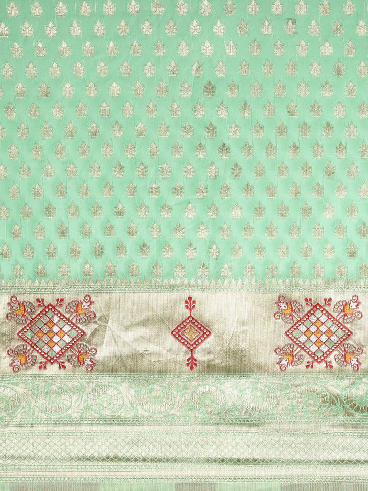 Saree mall Green & Golden Silk Cotton Woven Design Banarasi Saree
