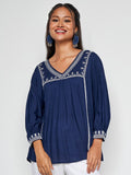 Global Desi Floral Embroidered V-Neck Cuffed Sleeves Empire Top