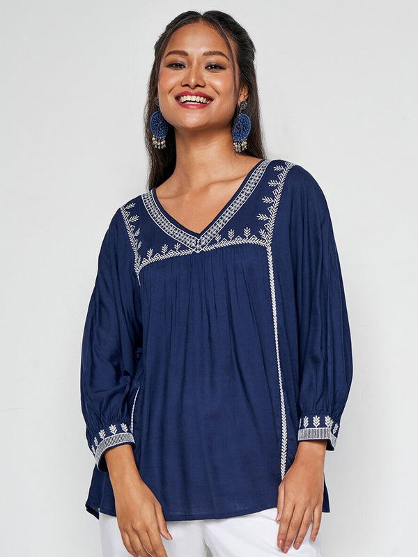 Global Desi Floral Embroidered V-Neck Cuffed Sleeves Empire Top