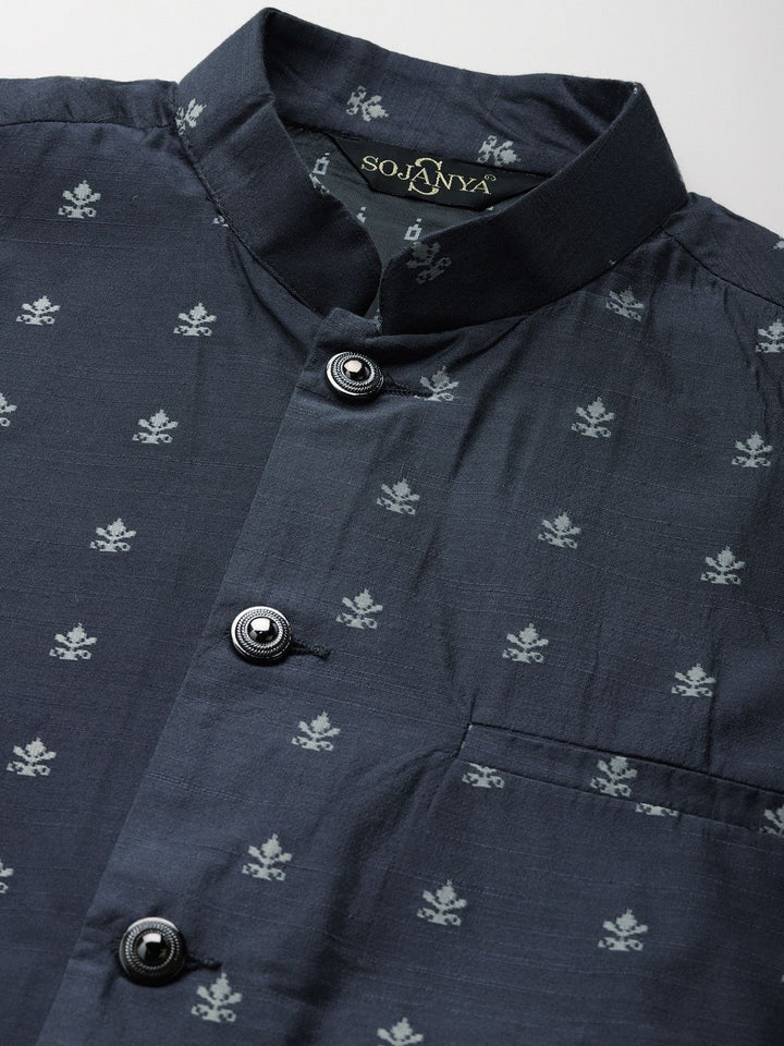 SOJANYA Men Navy Blue Self Design Kurta with Churidar & Nehru Jacket