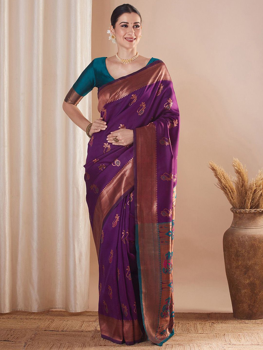 Saree mall Ethnic Motifs Woven Design Zari Paithani Sarees