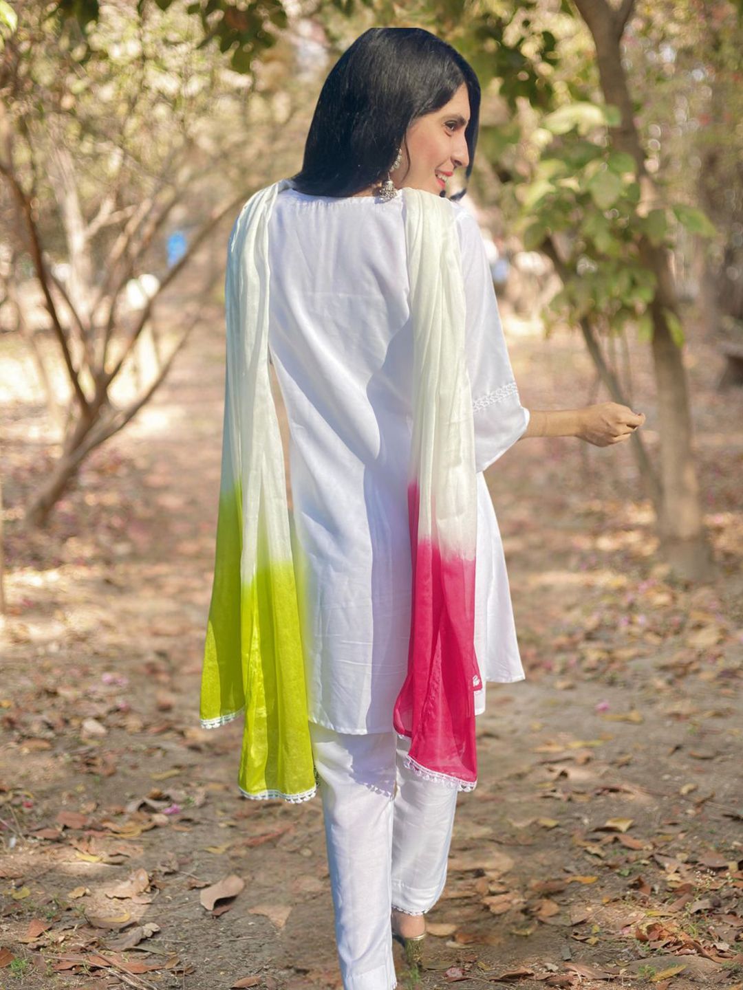 Kalini Women Rayon Embroidery A Line Kurta & Trousers With Tie & Dye Dupatta Set