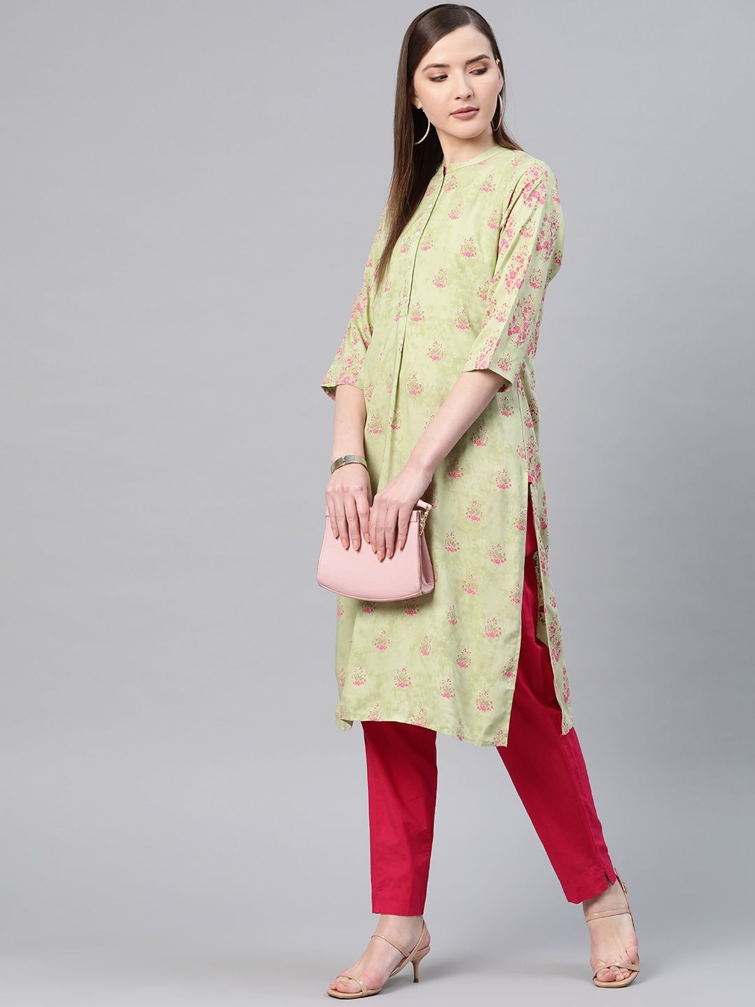 W Women Green & Pink Printed Straight Kurta