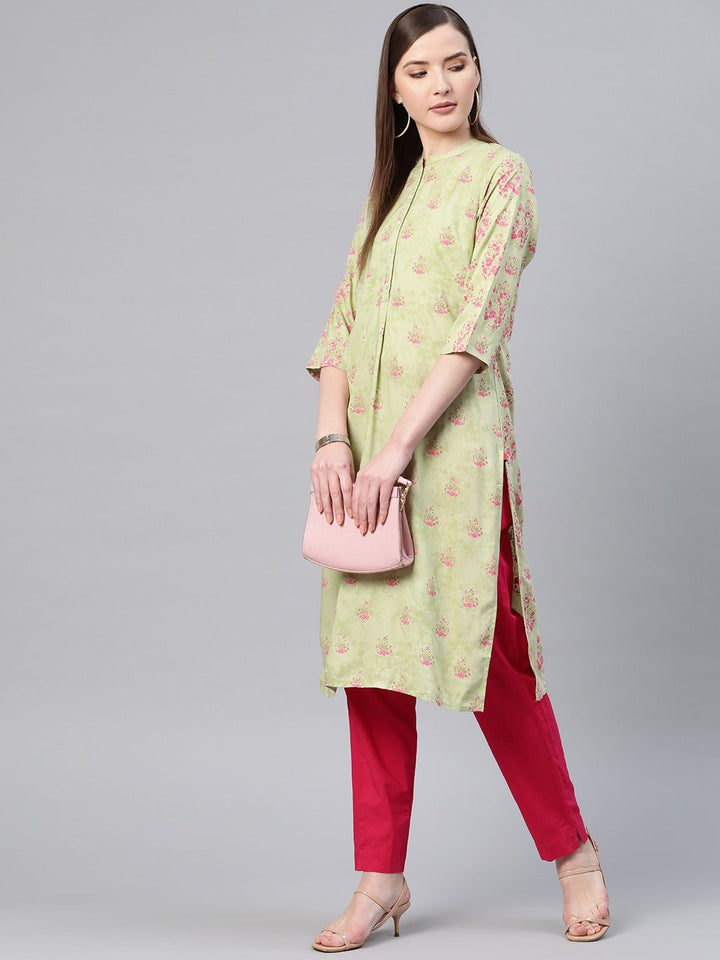 W Women Green & Pink Printed Straight Kurta