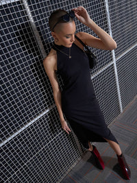 SASSAFRAS Black High Neck Sheath Midi Dress