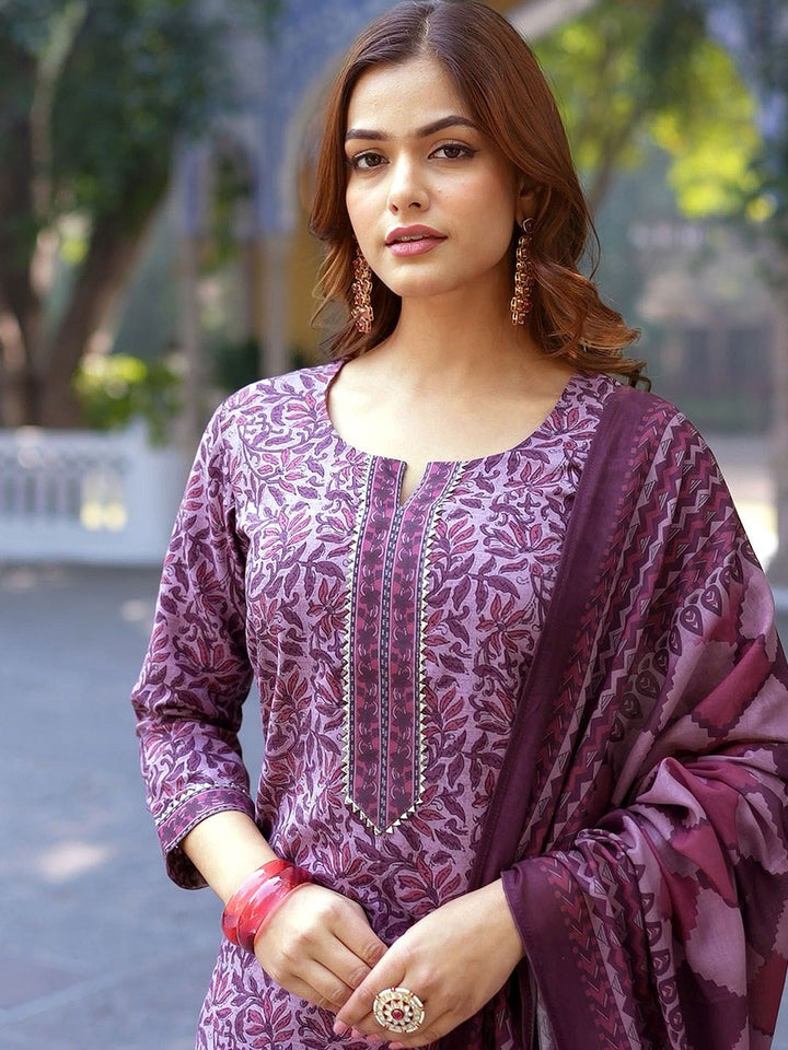 KALINI Floral Printed Notch Neck Gotta Patti Straight Kurta With Trousers & Dupatta