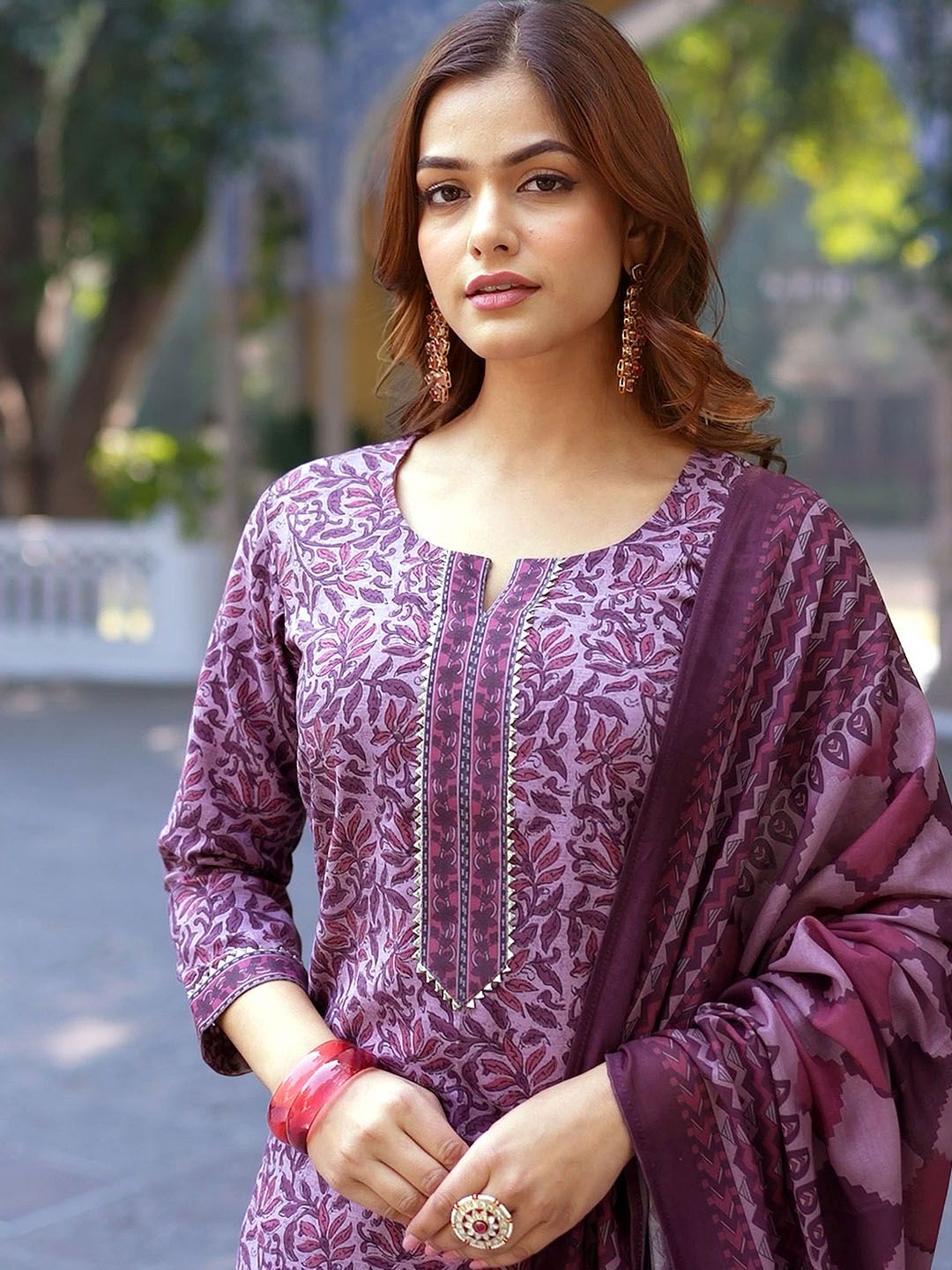 KALINI Floral Printed Notch Neck Gotta Patti Straight Kurta With Trousers & Dupatta