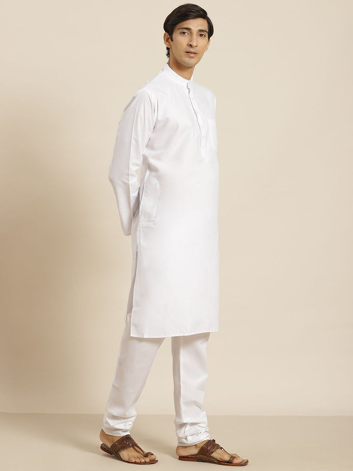 SOJANYA Men White Cotton Linen Solid Straight Kurta