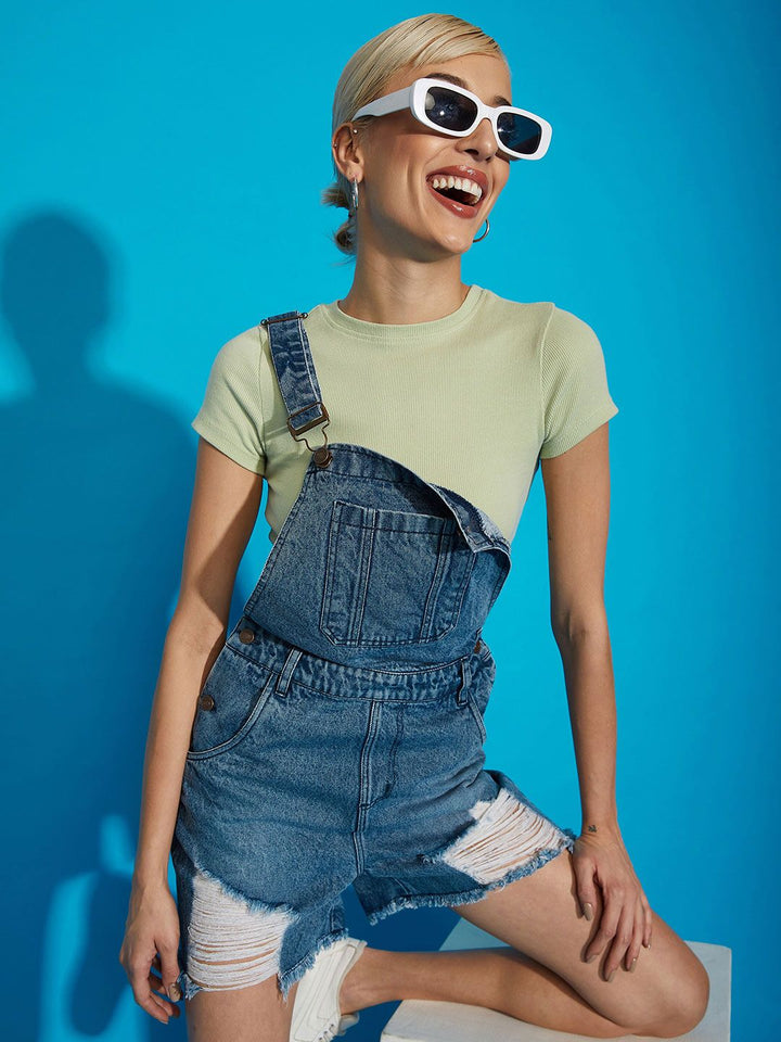 SASSAFRAS Women Blue Casual Denim Distressed Dungaree