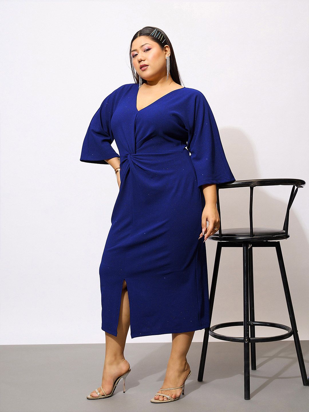SASSAFRAS Curve Plus Size Mock Knot Bodycon Midi Dress