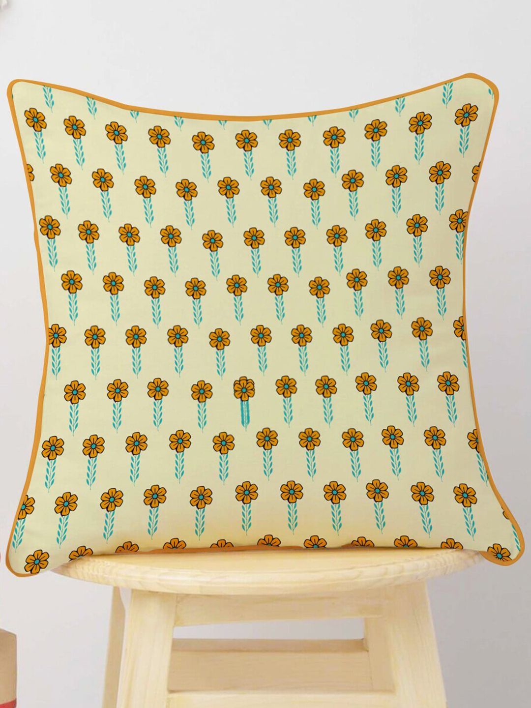 STITCHNEST Blue & Cream-Coloured Set of 5 Floral Velvet Square Cushion Covers
