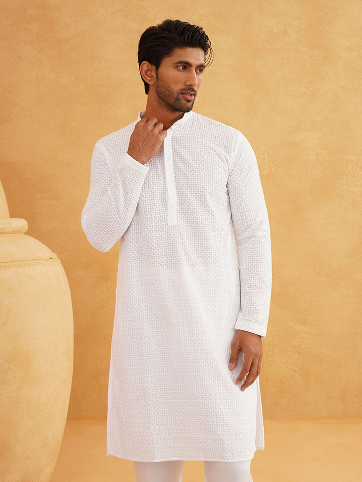 SOJANYA Kurta Katun Tulen Bersulam Geometrik Kolar Mandarin Lurus