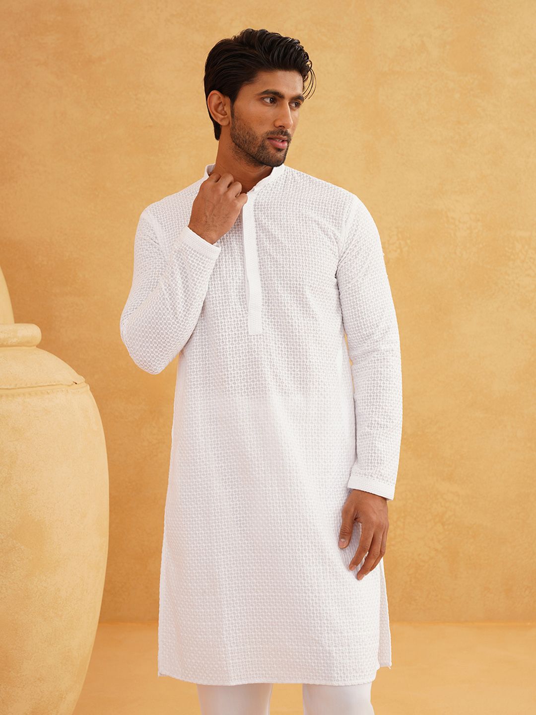 SOJANYA Kurta Katun Tulen Bersulam Geometrik Kolar Mandarin Lurus