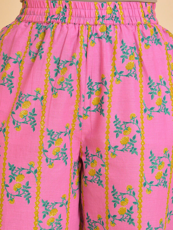 W Pink & Green & Yellow Floral Printed Pure Cotton Kurta With Trousers & Dupatta