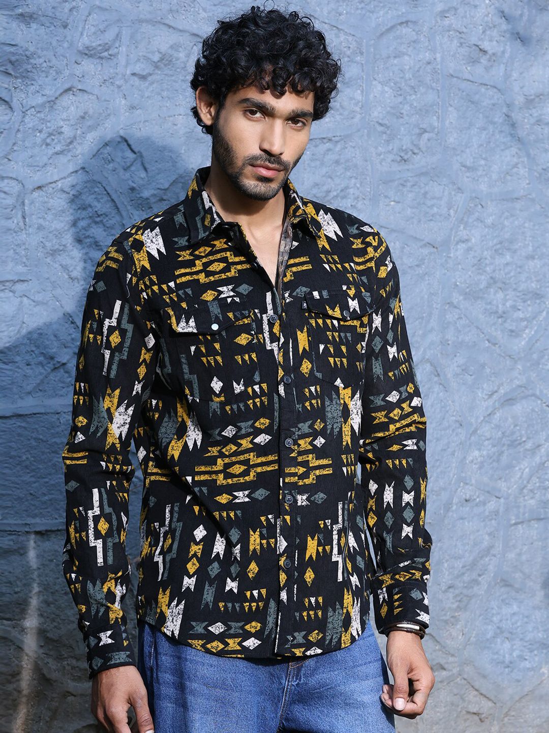 Thomas Scott Standard Slim Fit Abstract Printed Pure Cotton Corduroy Casual Shirt