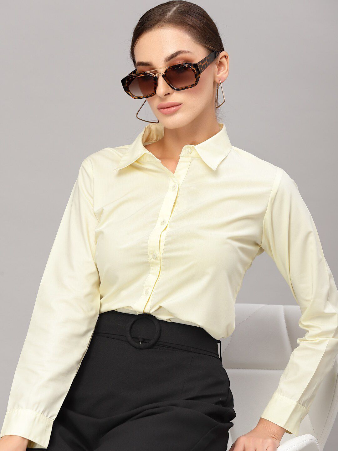 Style Quotient Women Yellow Solid Classic Cotton Formal Shirt