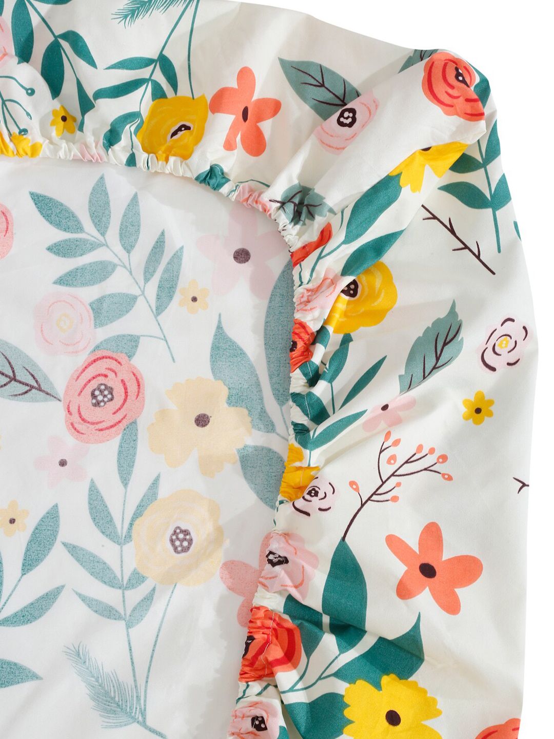 KLOTTHE White & Grey Floral Print 300 TC Fitted Double King Bedsheet With 2 Pillow Covers