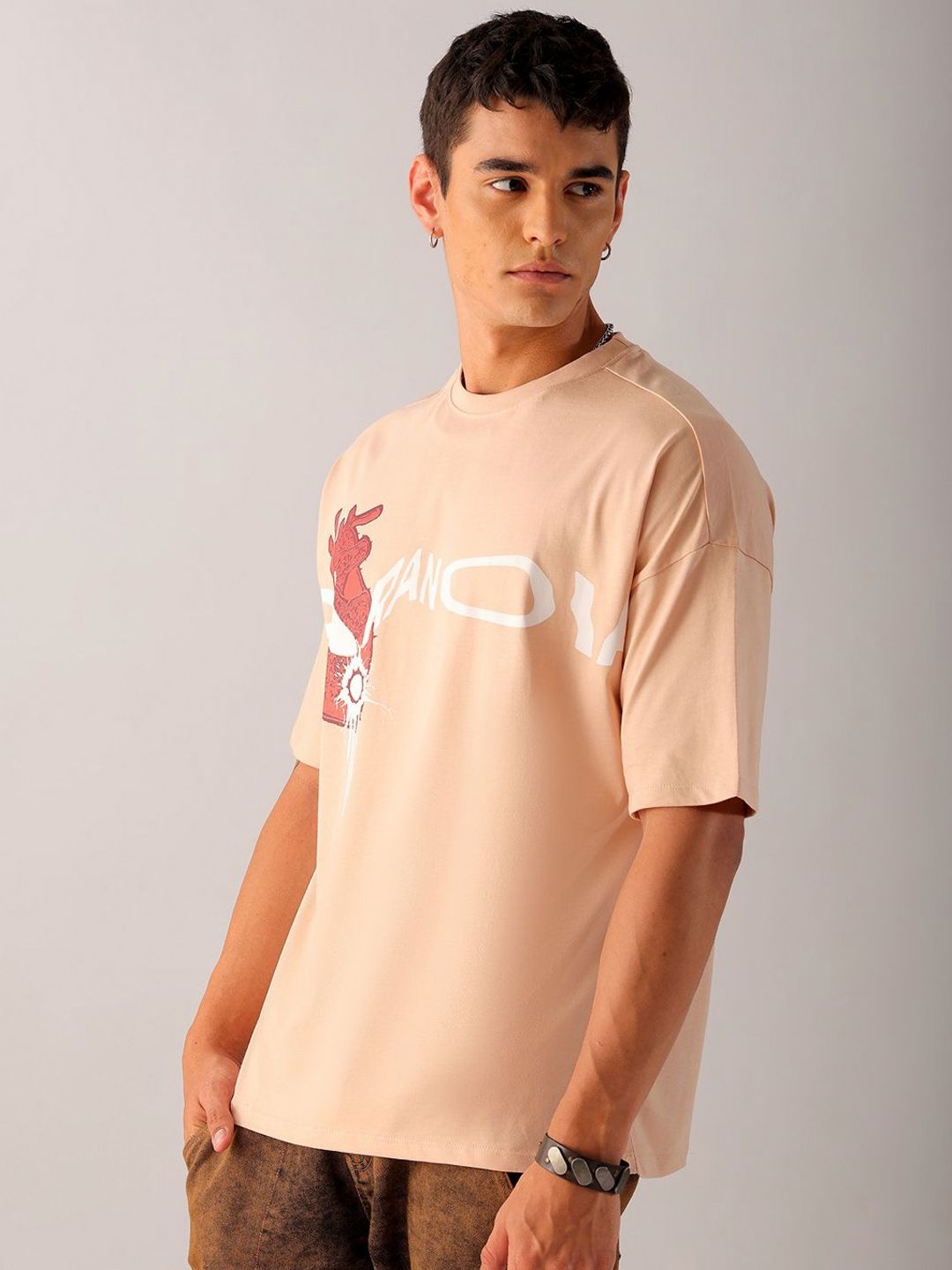 The Indian Garage Co Men Pure Cotton Typography Printed Applique Boxy Oversized T-shirt