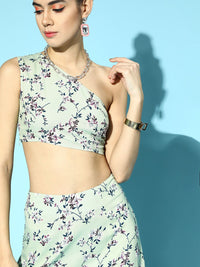 Berrylush Women Gorgeous Green Printed Top with Skirt