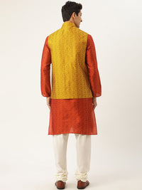 SOJANYA Kurta Motif Etnik Kuning Oren & Mustard Lelaki dengan Jaket Churidar & Nehru